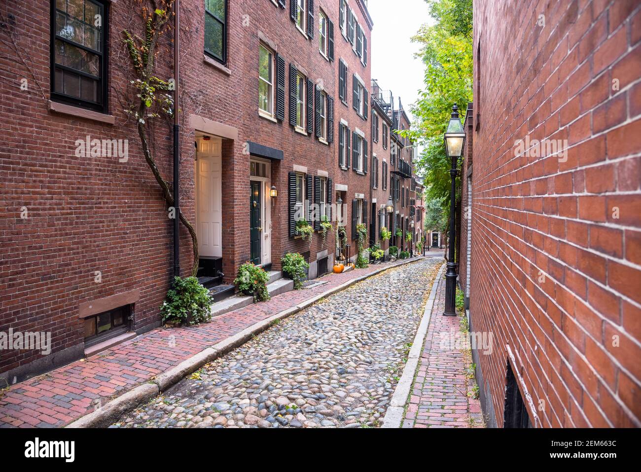 Tradizionale città in mattoni case lungo un vicolo di pietra con marciapiedi in mattoni in un quartiere storico Foto Stock