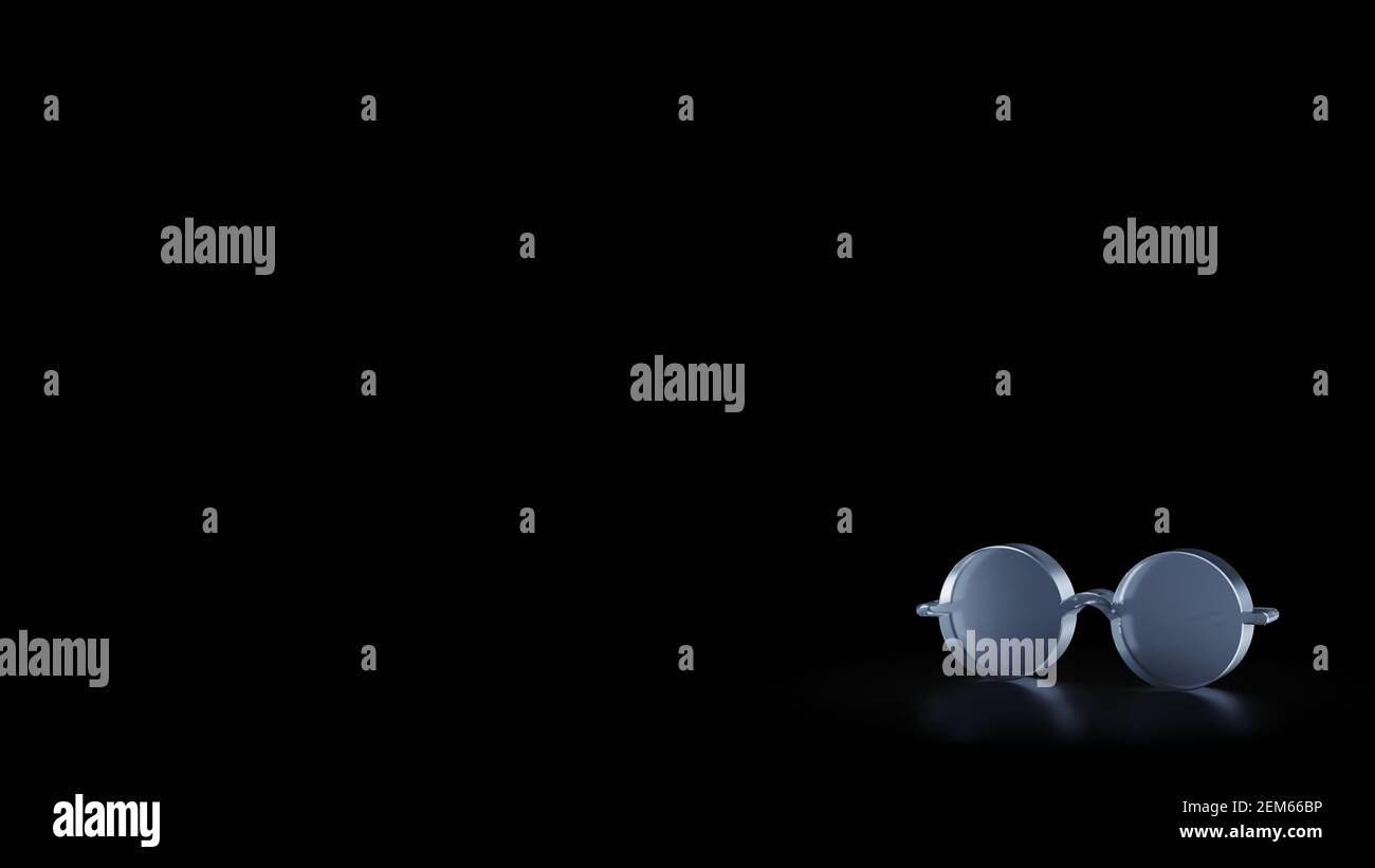 rendering 3d di vetro smerigliato simbolo di occhiali circolari hippie isolato su sfondo nero con riflessi sfocati sul pavimento Foto Stock
