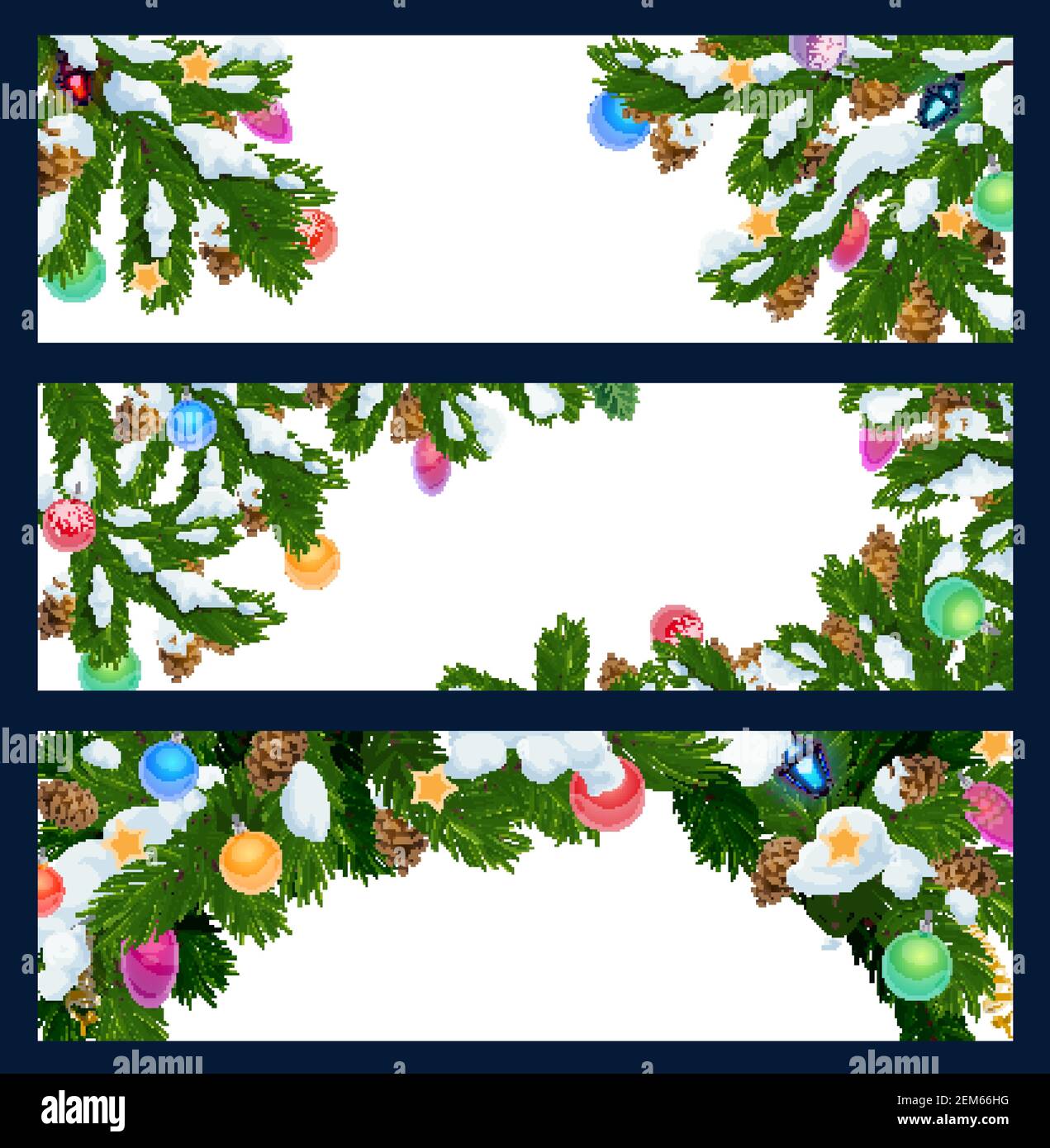Banner bianchi di auguri per le vacanze invernali con decorazioni sugli alberi di Natale. Buon Natale e felice anno nuovo vettore rami di pino o abete con Natale l Illustrazione Vettoriale