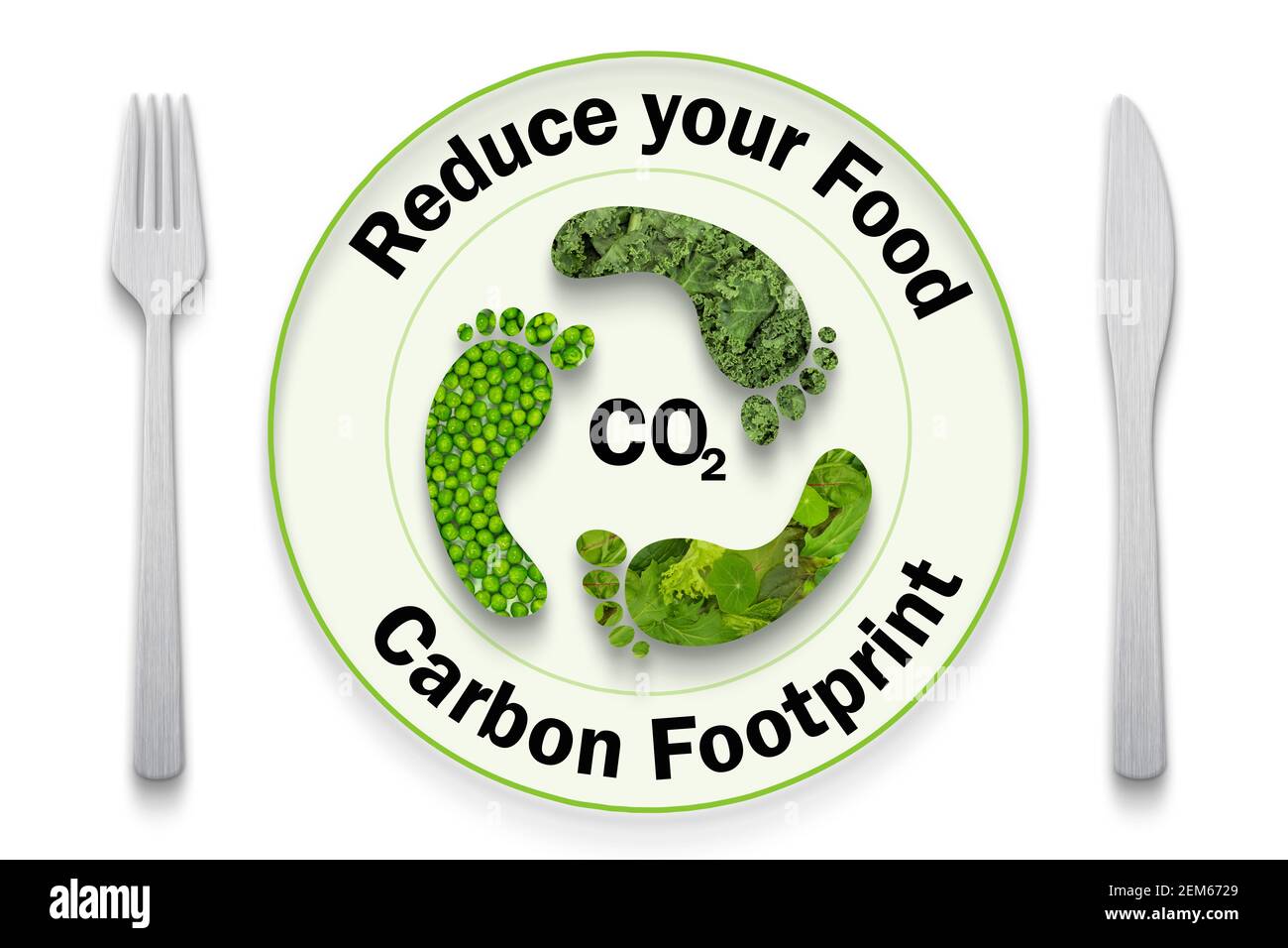 Riduci l'impronta di carbonio del tuo cibo, icona del piede sulla piastra con posate, consumo sostenibile ed etico Foto Stock