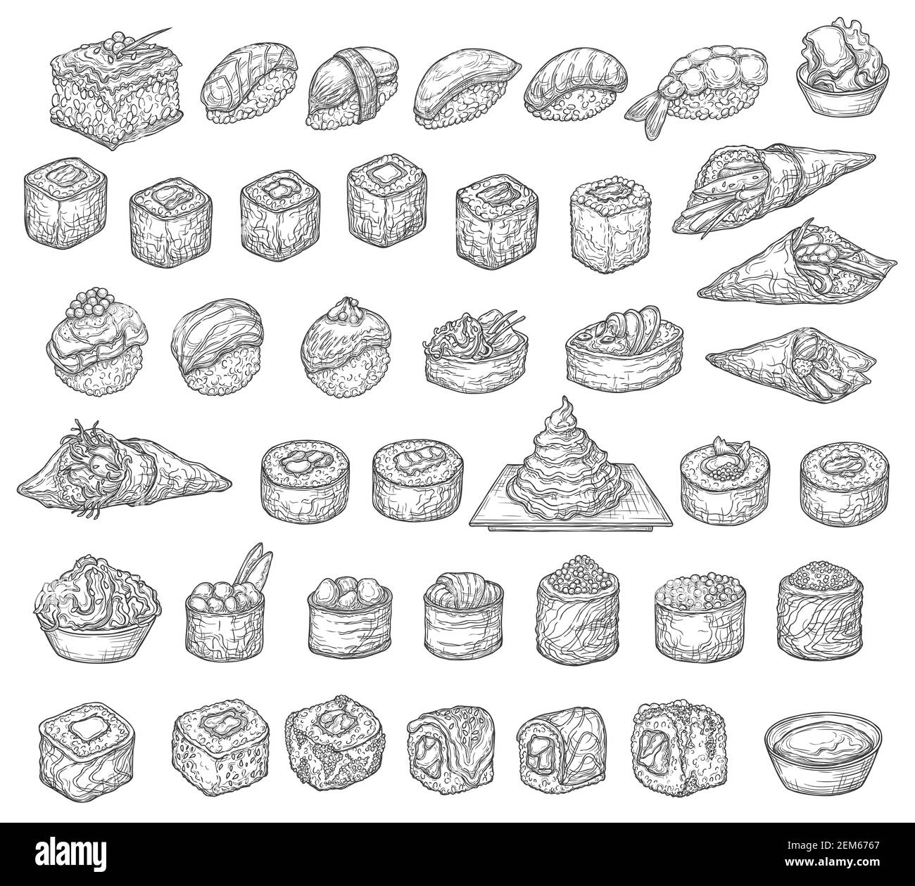 Set di sushi giapponesi, schizzi vettoriali isolati di cibo asiatico. Sushi Rolls, temaki, nigiri e uramaki, pesce e riso hosomaki, gunkan maki e futomaki Illustrazione Vettoriale