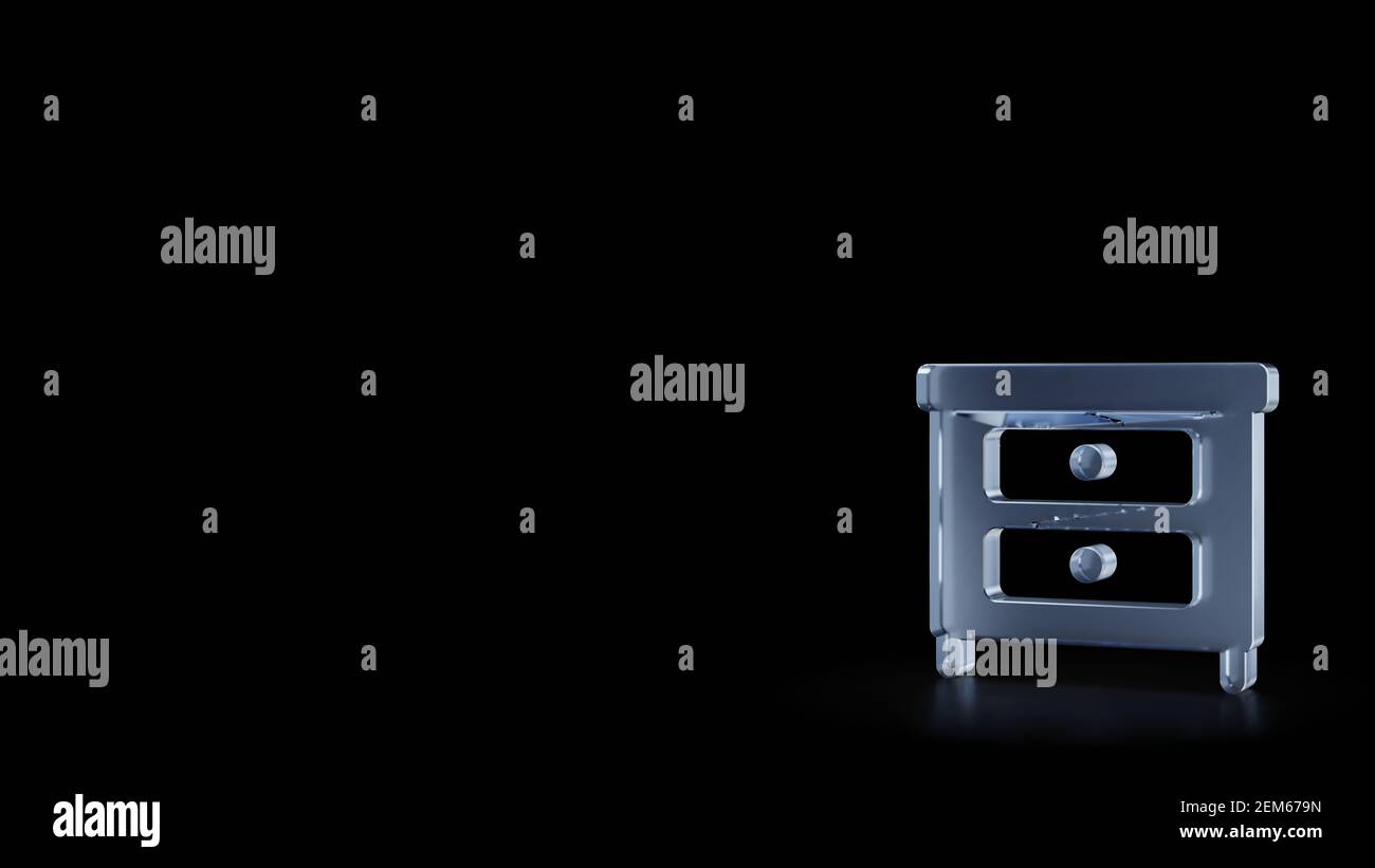 rappresentazione 3d del simbolo di vetro smerigliato del comodino con due scaffali isolati su sfondo nero con riflessi sfocati il pavimento Foto Stock