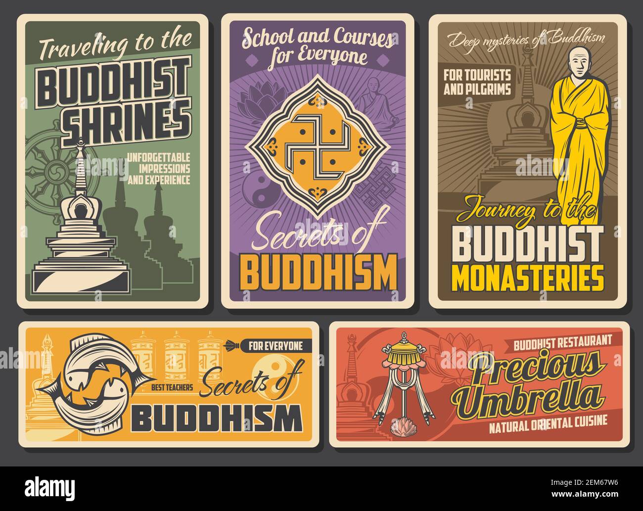 Buddismo religione retro manifesti. Edificio Vector Buddista stupa, monaco tibetano, pesci dorati e ombrello prezioso. Buddismo religione dharma e praye Illustrazione Vettoriale