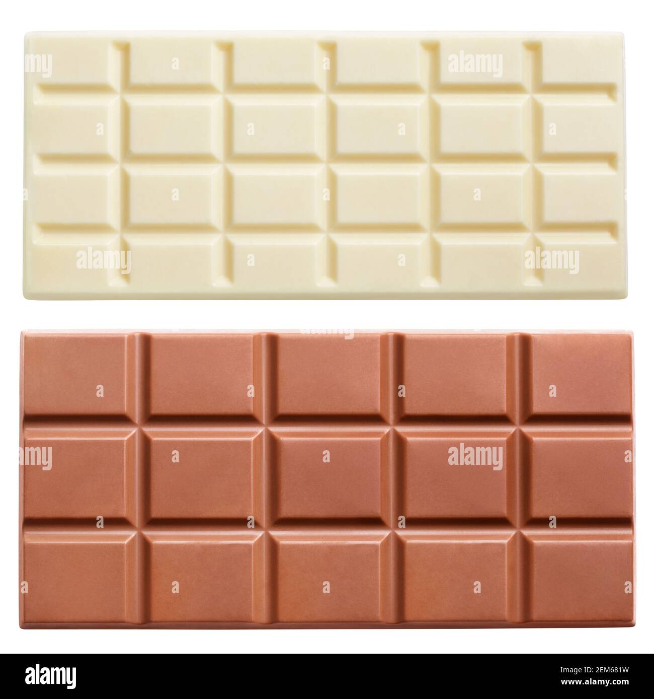 Barrette di cioccolato al latte scure e chiare isolate su sfondo bianco con tracciato di ritaglio Foto Stock