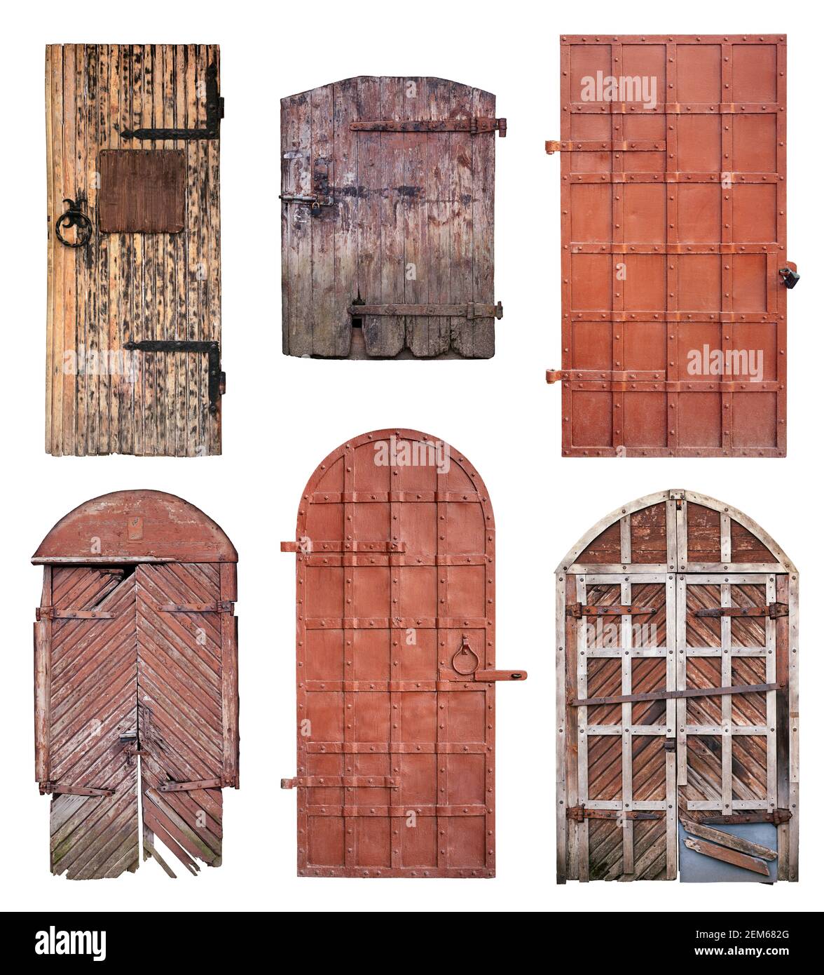 Set di vecchie porte chiuse con chiave arrugginita isolata sfondo bianco con tracciato di ritaglio Foto Stock