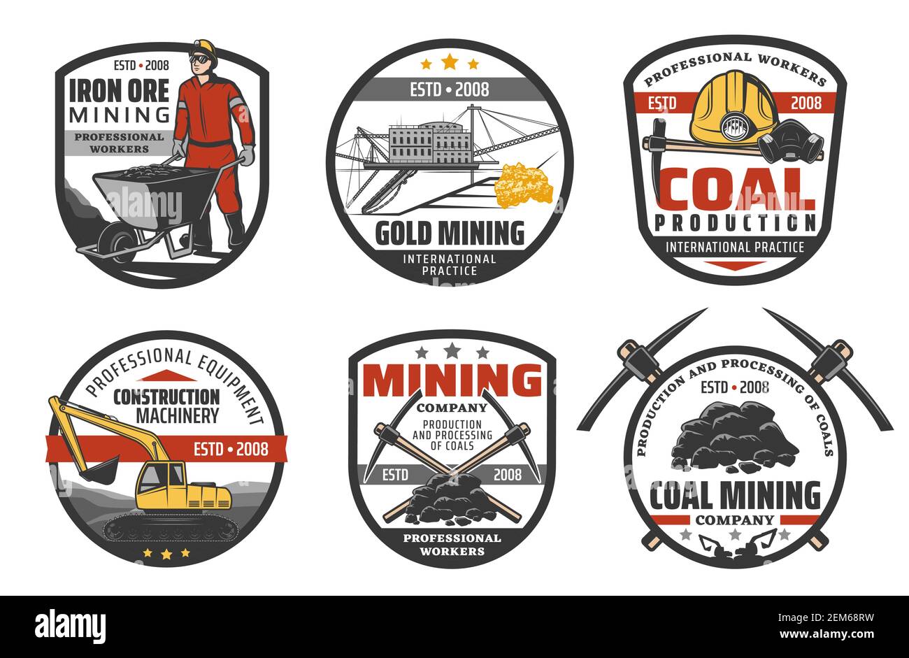 Industria mineraria, macchinari e attrezzature per miniere di carbone, icone di società vettoriali. Estrazione di minerali metallici e carbone fossile, scavatore e bulldozer, m Illustrazione Vettoriale