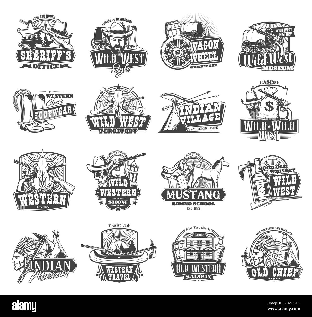 Icone vettoriali di Wild West, saloon americano occidentale e simboli cowboy. Texas Western Saloon, villaggio indiano, scuola di rodeo mustang, casinò e robb Illustrazione Vettoriale