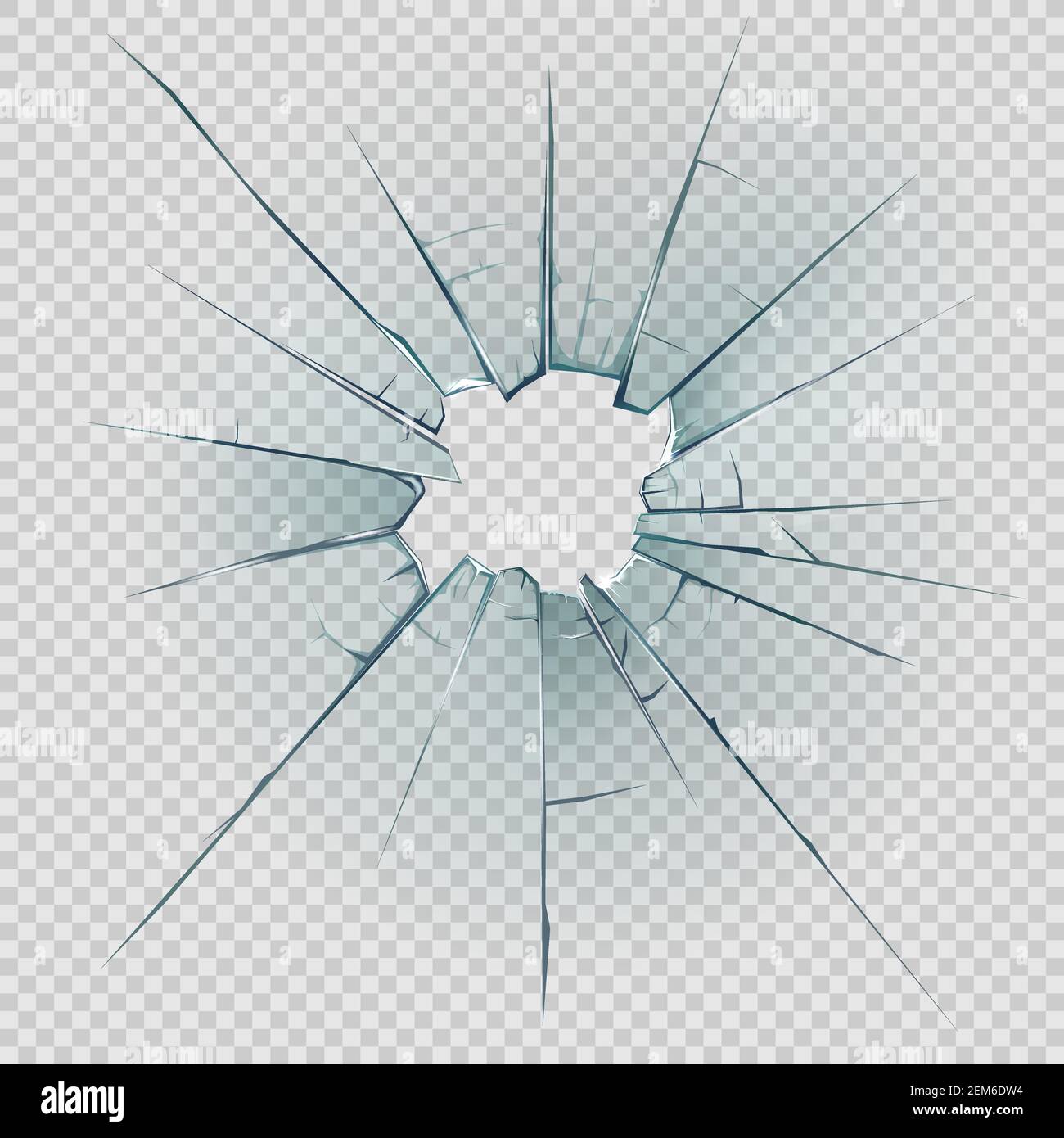 Design vettoriale in vetro rotto, fessurato o schiacciato con foro realistico, scheggiature e crepe, bordi affilati e frammenti su sfondo trasparente. Danneggiato Illustrazione Vettoriale