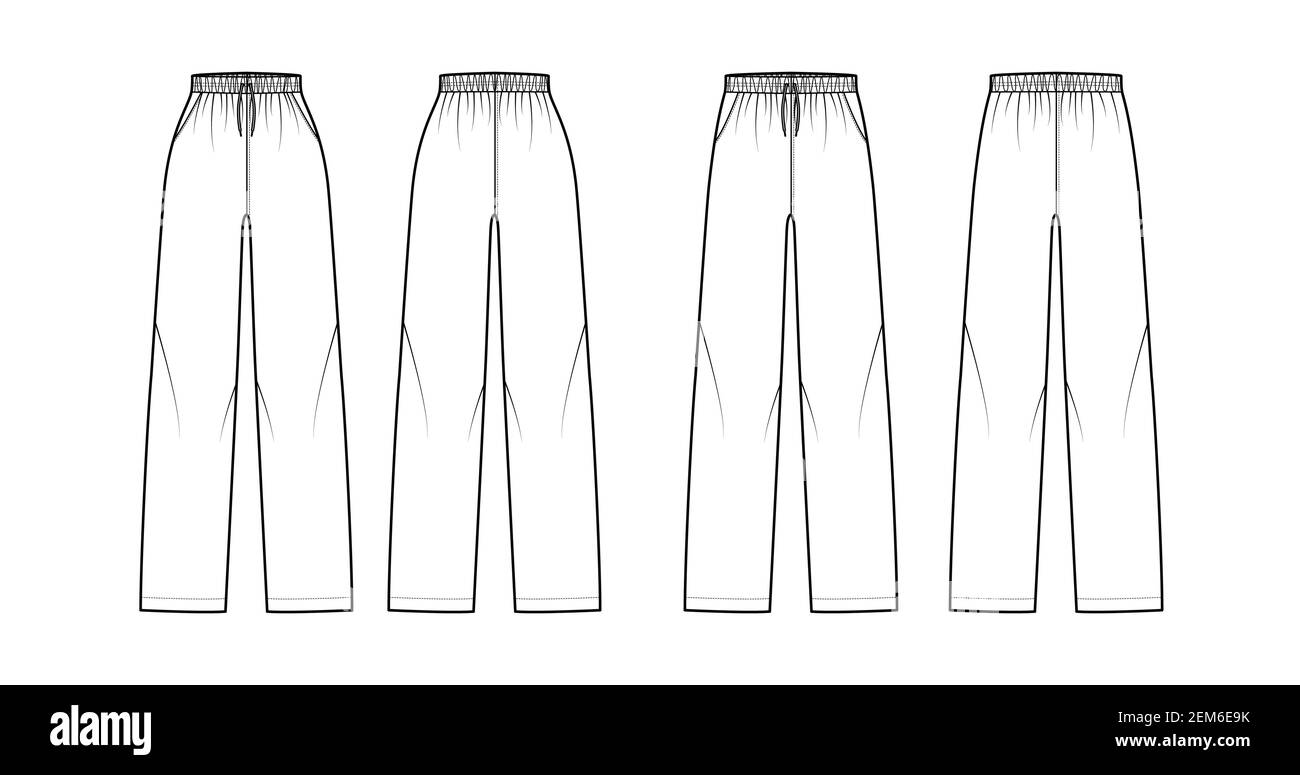Set di pantaloni Pajama illustrazione tecnica di moda con elastico normale vita bassa, alto, lunghezza intera, cordoncino, tasche. Pantaloni piatti con dima di abbigliamento frontale, colore bianco sul retro. Donne CAD mockup Illustrazione Vettoriale