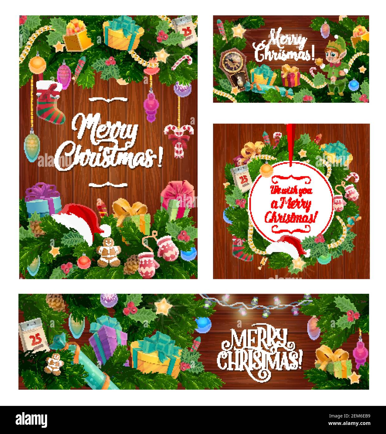 Auguri di calligraphy di Natale allegri e decorazioni dell'albero di Natale su sfondo di legno. Vector Santa cappello sulla corona di Natale, ornamento stella d'oro ed elfo Illustrazione Vettoriale
