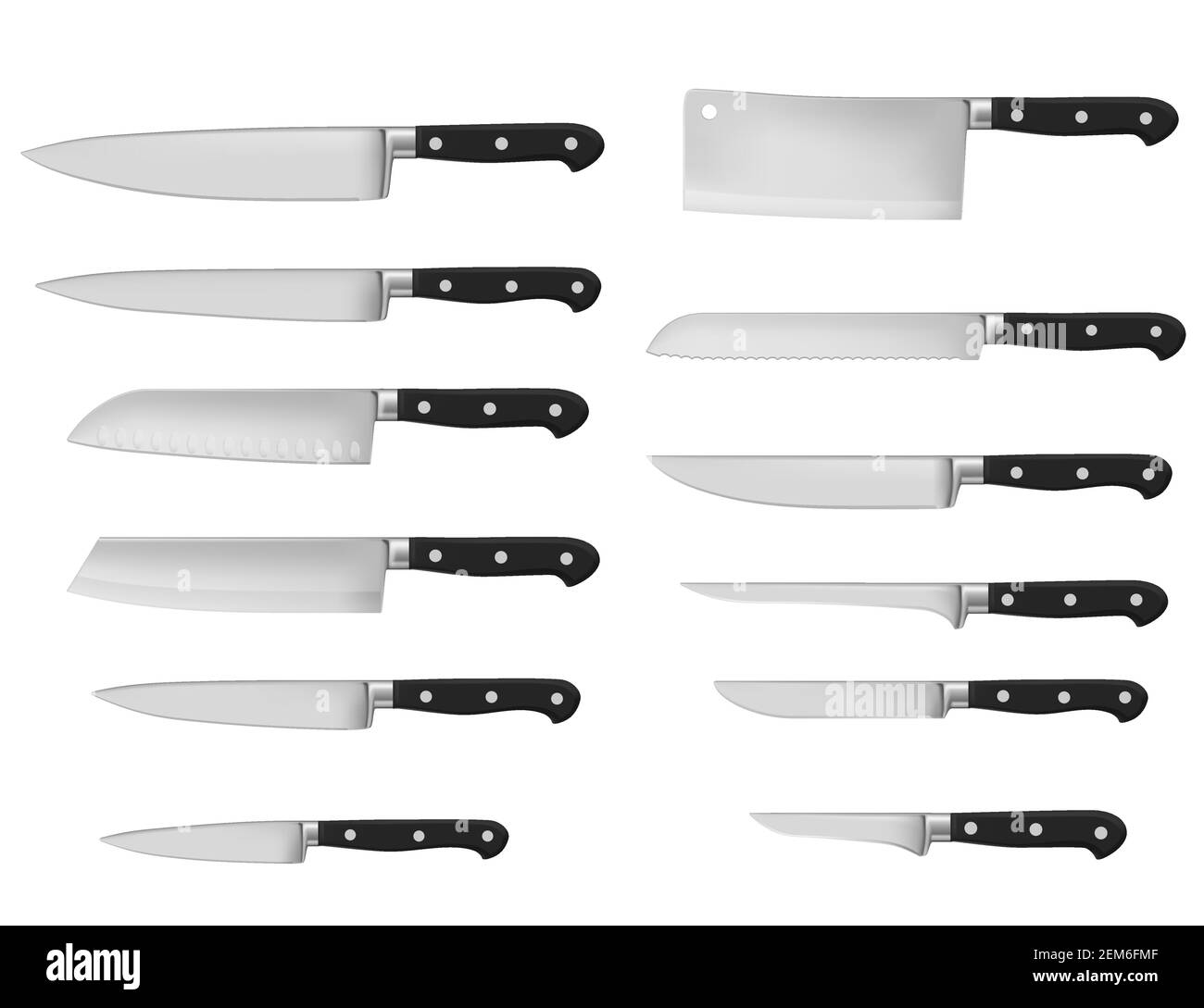 Tipi di coltelli da cucina, mockup vettoriale realistico 3D utensili  isolati. Ciotola per il taglio della carne, sfaldatrice e macellaio, ascia  e coltello da spellatura in acciaio inox Immagine e Vettoriale -