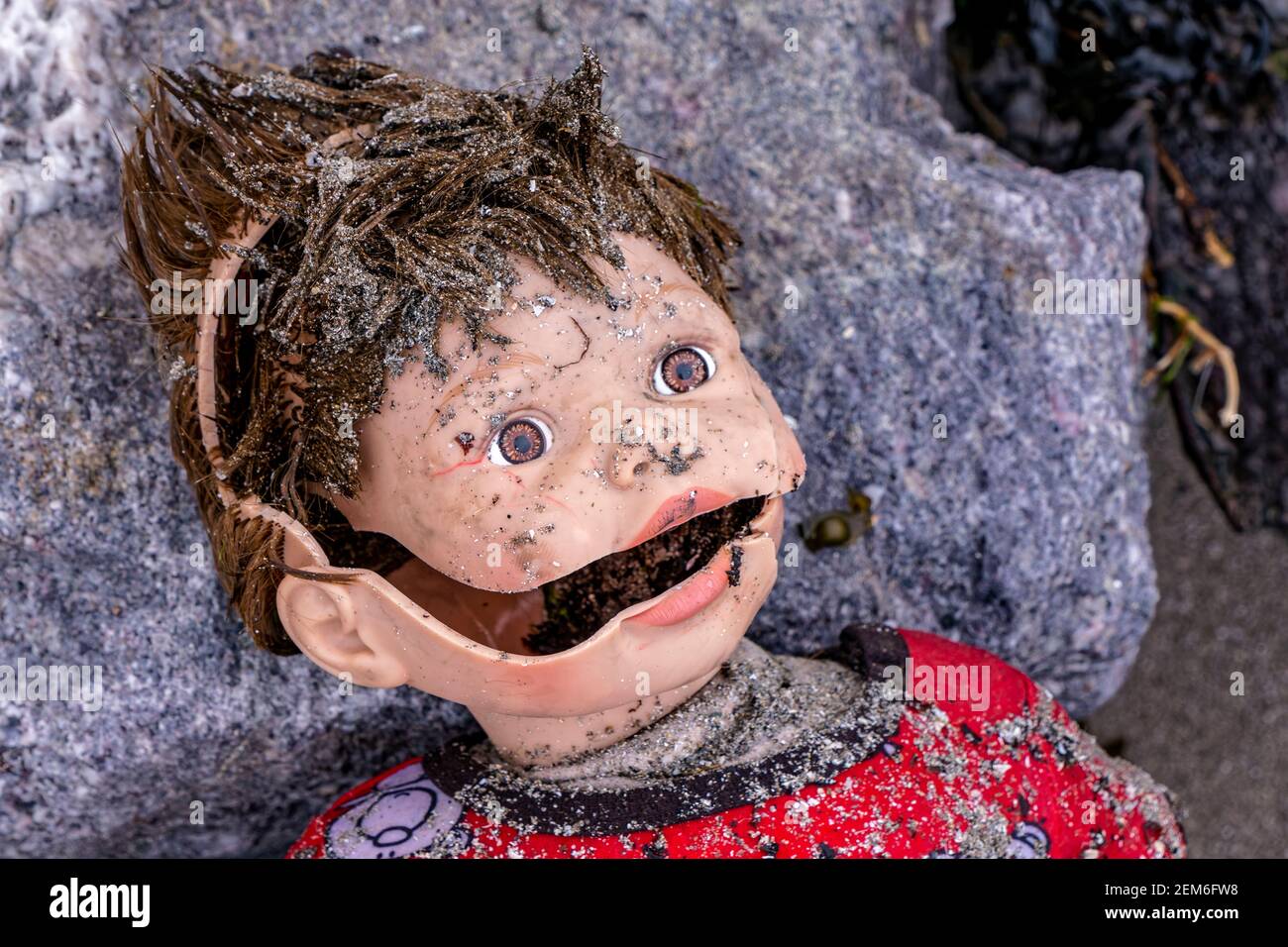 Dungarvan, Irlanda. 11 Maggio 2016. Bambola rotta bagnata dal mare a Dungarvan Beach, County Waterford, Irlanda. Foto Stock