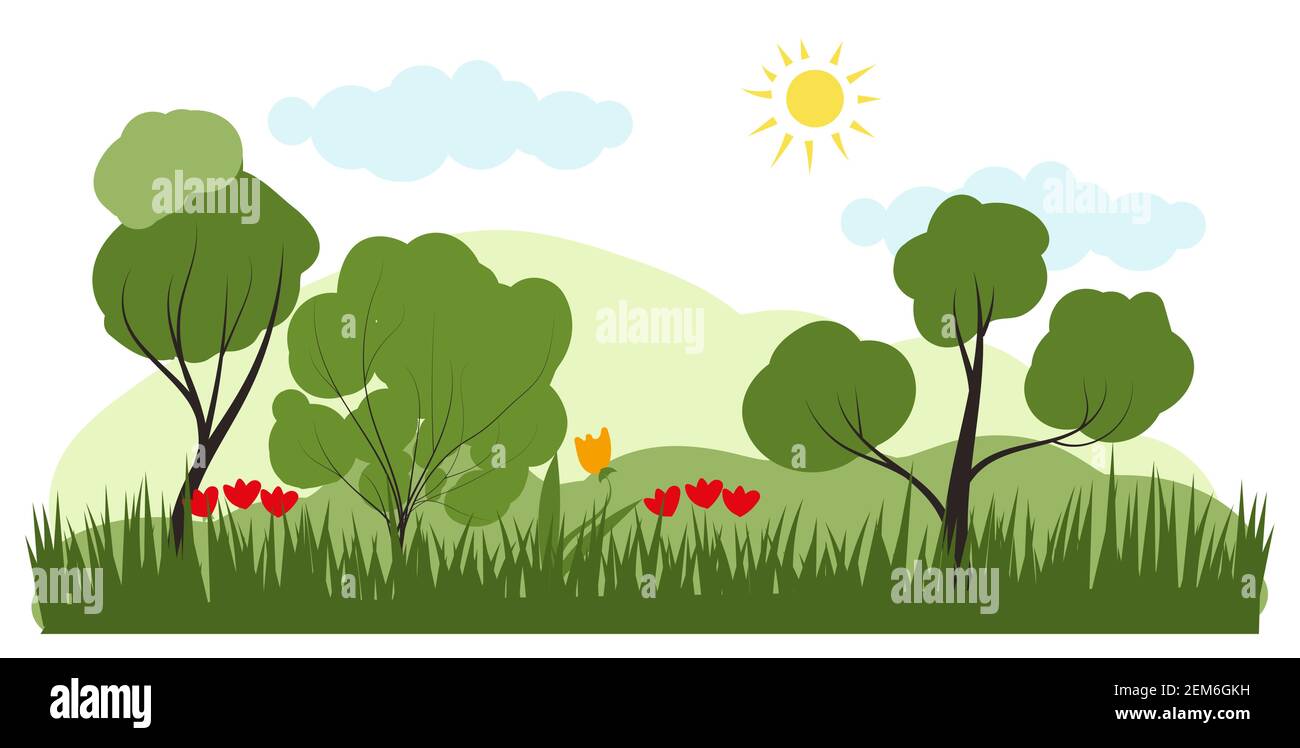 Illustrazione vettoriale in stile semplice piano alla moda. foresta soleggiata paesaggio estivo con fiori. Illustrazione Vettoriale