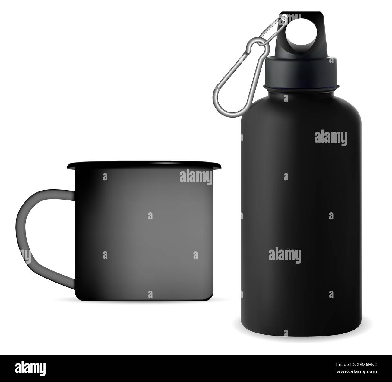 Bottiglia d'acqua sportiva in metallo nero. Tazza da campeggio riutilizzabile moockup. Bottiglia termica per fitness all'aperto, modello in stagno riutilizzabile. Design retro in timpano smalto, realistico Illustrazione Vettoriale