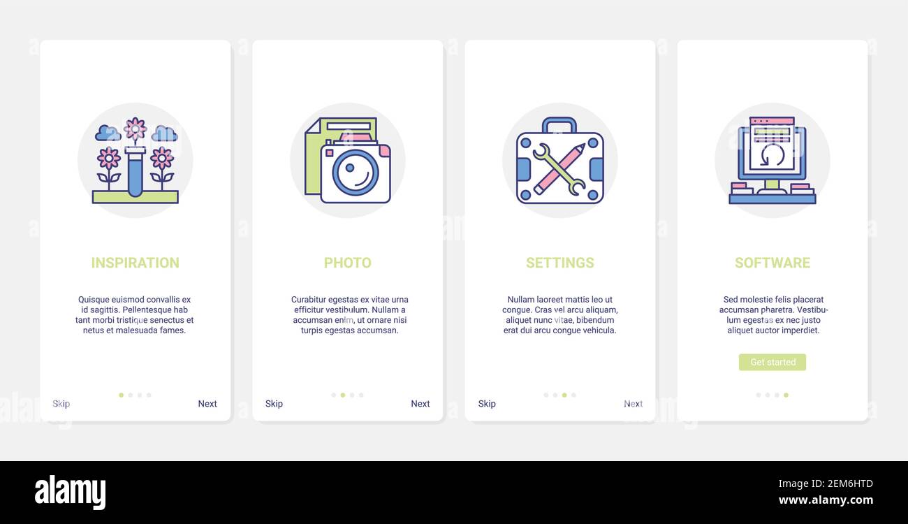 Creazione di contenuti Web per l'arte creativa, illustrazione vettoriale del processo di progettazione. UX, UI onboarding mobile app page set di schermo con line fotocamera, computer e le impostazioni software per creare grafica Illustrazione Vettoriale