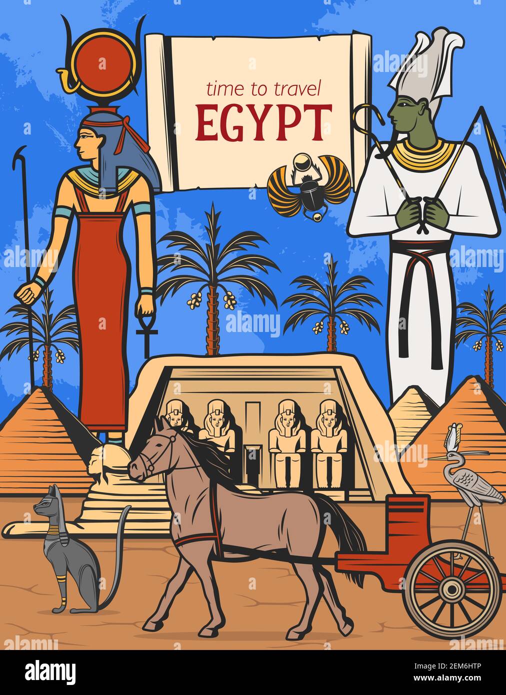 Viaggio in Egitto disegno vettoriale di antiche piramidi del faraone egiziano, divinità e tempio. Sphynx, Osiride e Iside dea con il simbolo della caviglia e il personale, gatto s Illustrazione Vettoriale