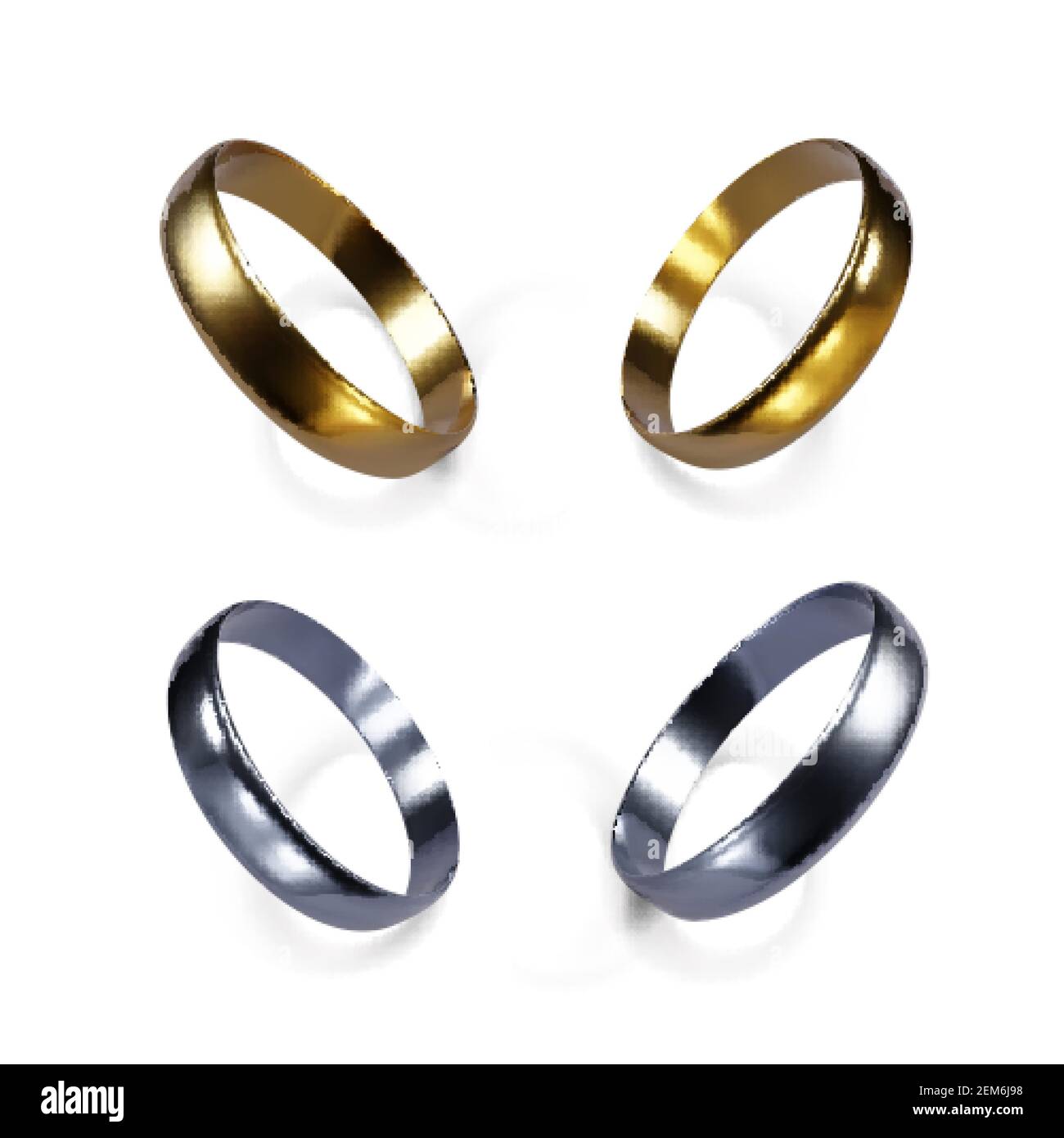 Set di anelli di nozze in oro e platino. Illustrazione 3D. Coppia di anelli d'oro e d'argento. Vettore Illustrazione Vettoriale