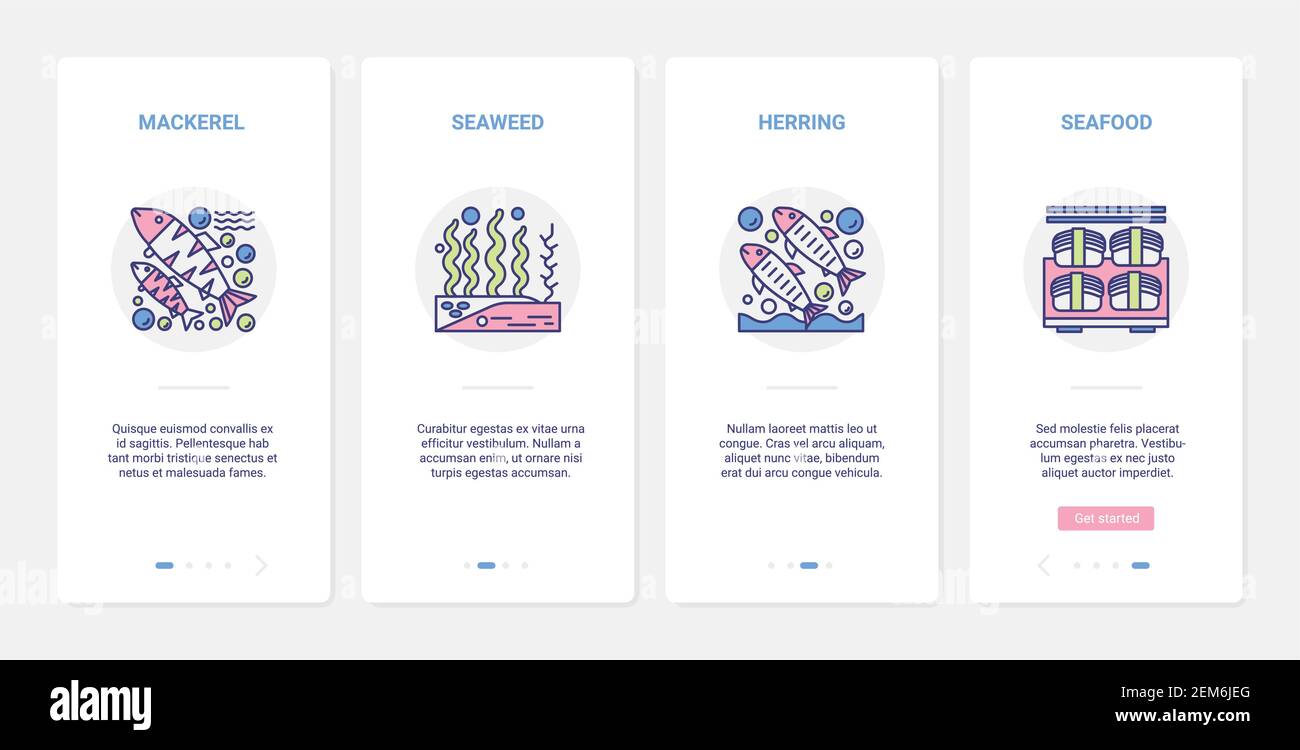 Frutti di mare freschi prodotti per la preparazione di sushi panini, cucina giapponese snack piatto illustrazione vettoriale. UX, UI onboarding mobile app page set con linea aringa sgombro alghe di simbolo raccolta Illustrazione Vettoriale