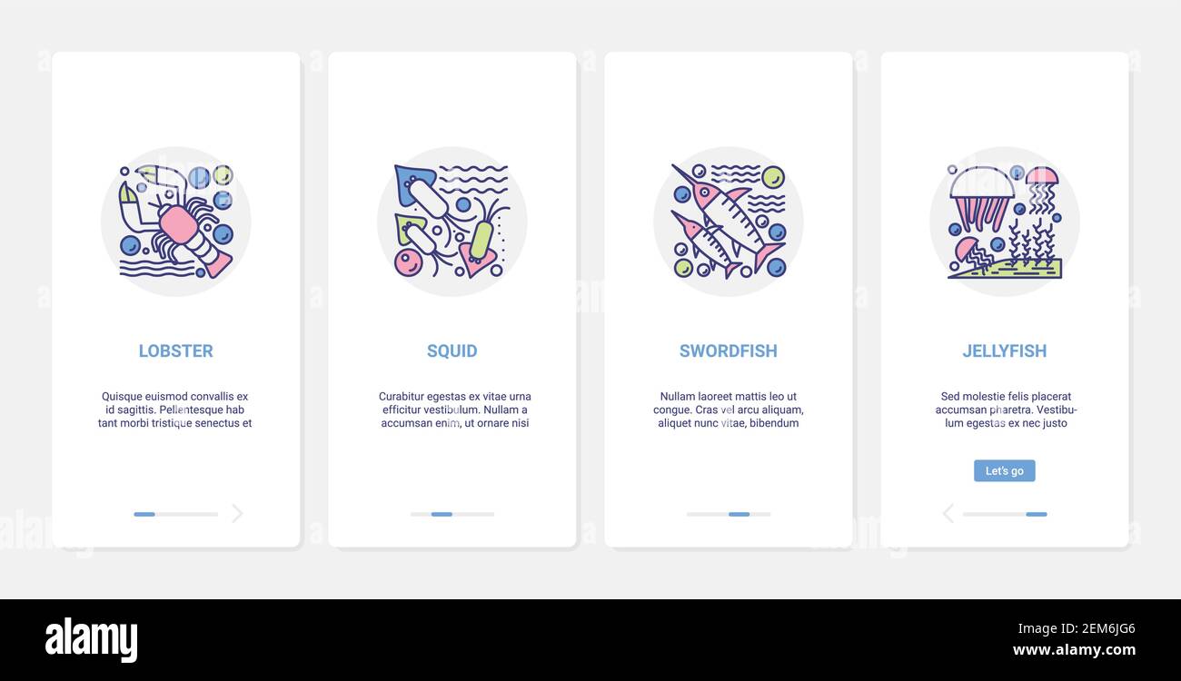 Frutti di mare deliziosi ingredienti di pesce illustrazione vettoriale. UX, UI onboarding mobile app page screen set with line fish food Restaurant menu with lobster calamari Swordfish jellyfish symbol collection Illustrazione Vettoriale