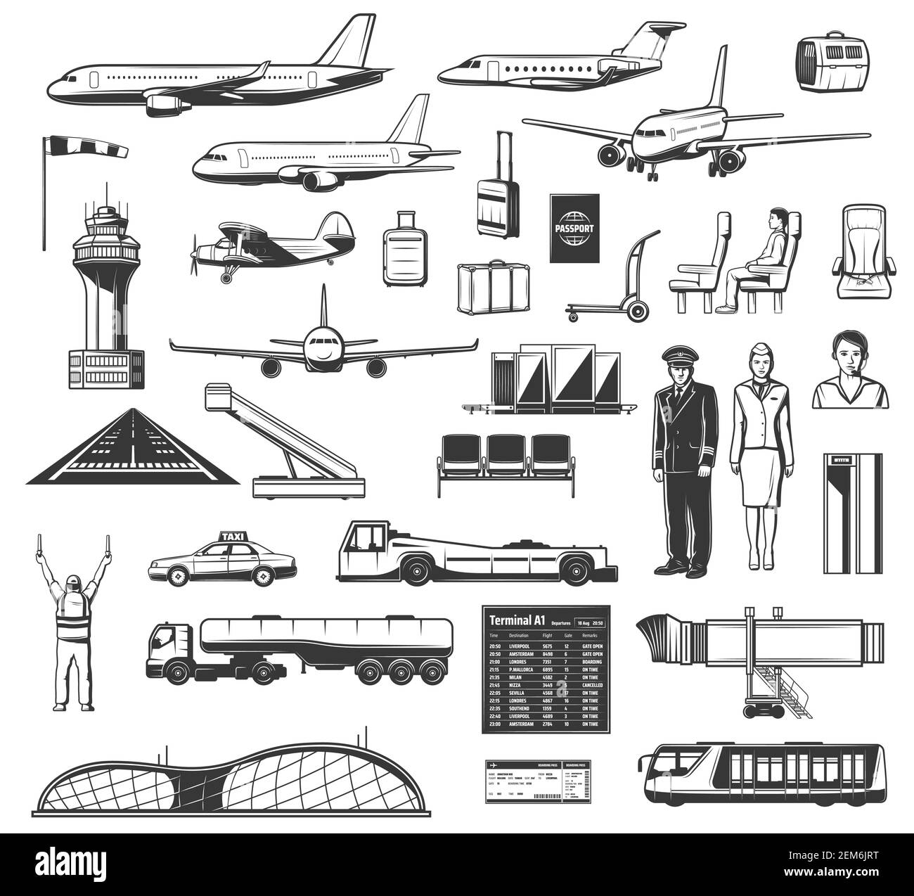 Icone di vettori aerei, attrezzature aeroportuali e personale delle compagnie aeree. Biglietti aerei, passaporto e controllo di sicurezza, orari e biglietti dei voli, passeggeri Illustrazione Vettoriale