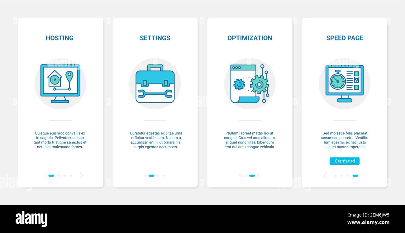 Ottimizzazione delle pagine web moderna tecnologia internet illustrazione vettoriale. UX, UI onboarding pagina app mobile set con le impostazioni tecniche di destra della linea per la velocità di download del sito web, home page hosting simboli Illustrazione Vettoriale
