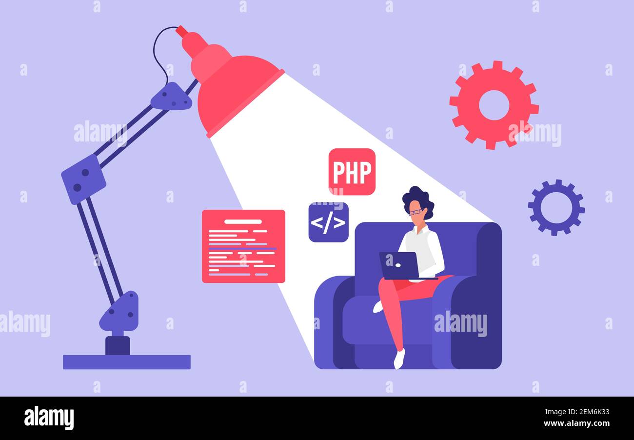 Illustrazione vettoriale del lavoro di progettazione Web. Sito Web di programmazione dei personaggi di Cartoon Software Engineer, programmatore freelance che lavora su un computer portatile seduto in poltrona sotto la luce di un grande sfondo di lampada Illustrazione Vettoriale