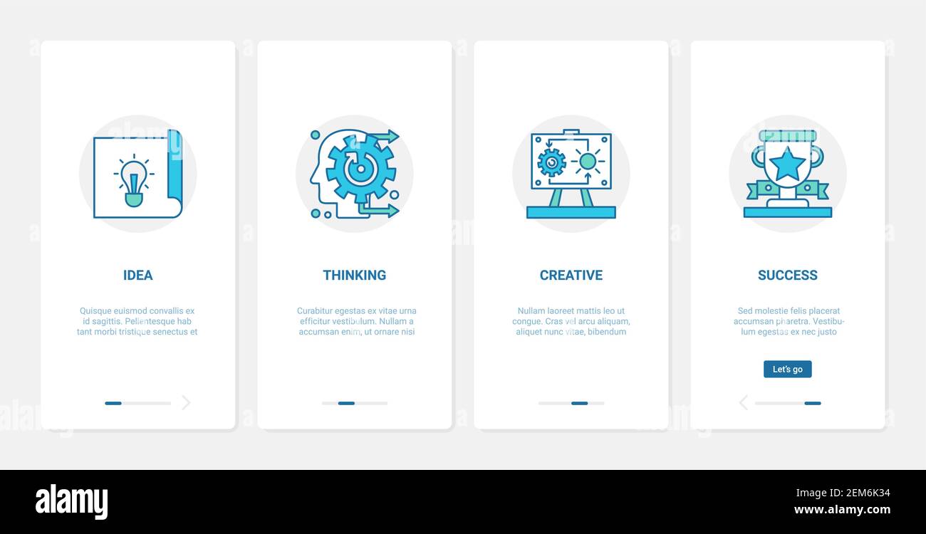 Illustrazione vettoriale della tecnologia di lavoro per ufficio aziendale. UX, UI onboarding mobile app page set con linea astratta di pensiero umano testa, successo lavoro di squadra, lightbulb successo idea simboli Illustrazione Vettoriale