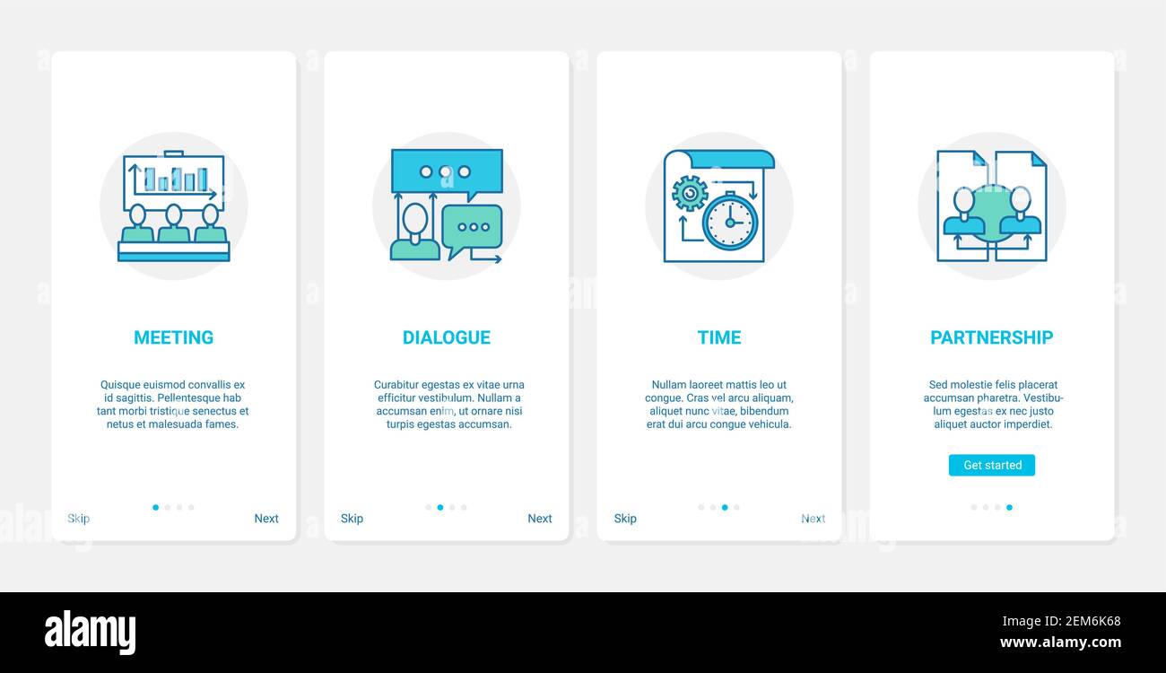 Formazione aziendale, comunicazione con i partner, illustrazione vettoriale della tecnologia di gestione del tempo. UX, UI onboarding mobile app page set con line dialog lavoro, manager studio lavoro di squadra, partnership Illustrazione Vettoriale