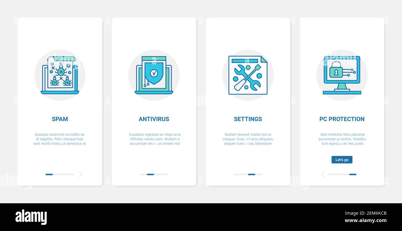 Protezione antivirus del computer, illustrazione vettoriale della tecnologia di cybersicurezza. UX, UI onboarding mobile app page set con impostazioni software di linea protezione della rete da spam, antispam simboli Illustrazione Vettoriale