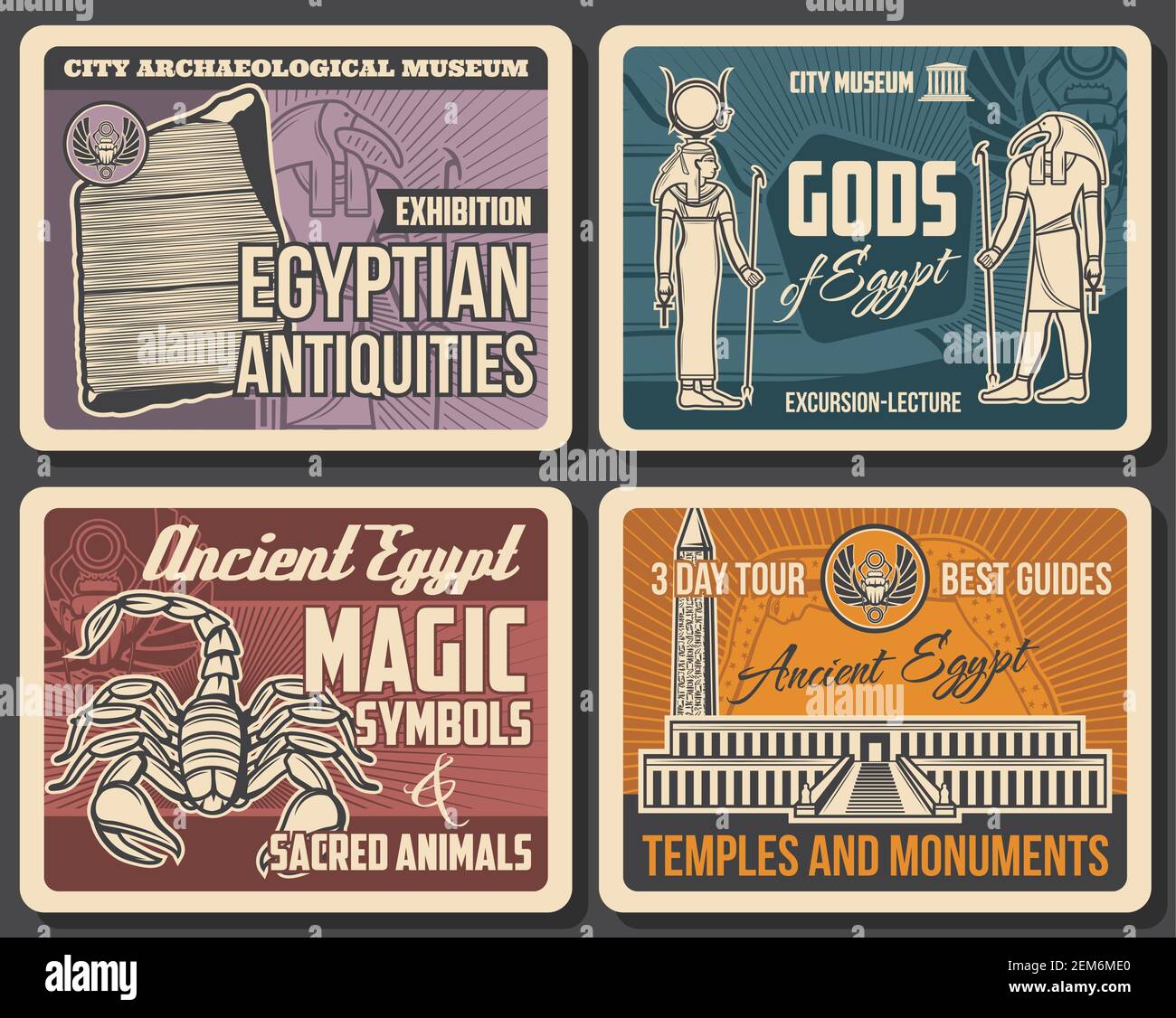 Antico Egitto vettore Valle dei Re necropoli, Rosetta pietra e dei, Scorpione sacro, Thoth e Hathor con simboli Ankh, Scarab e Luxor obe Illustrazione Vettoriale