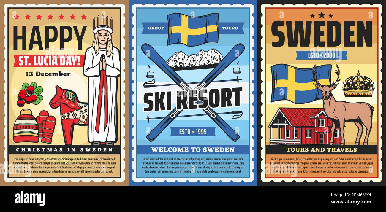 Agenzia di viaggi Svezia poster vettoriali retrò, turismo scandinavo, cultura e tradizioni nazionali. Benvenuti in Svezia, stazione sciistica e Natale Santa Lucia Illustrazione Vettoriale