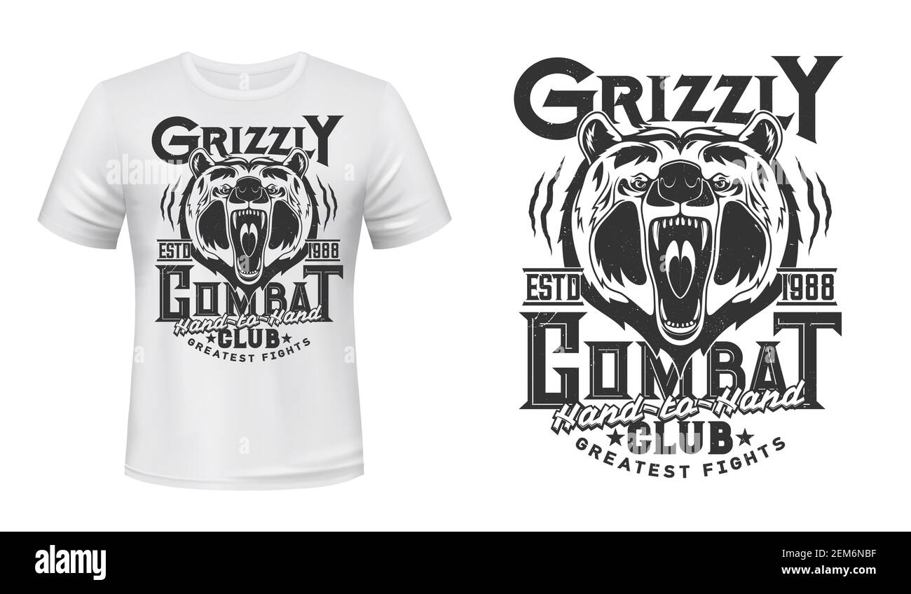 Arrabbiato orso mascotte t-shirt stampa vettore mockup. Ruggire e mostrare i pugili in testa grizzly dell'orso del maw e tipografia. Club di arti marziali, combattimenti o lotte Illustrazione Vettoriale