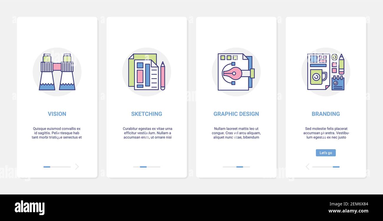 Illustrazione vettoriale del disegno grafico di branding creativo. UX, UI onboarding mobile app page set con linea moderna servizio di ricerca di brand vision, Insight idea generation, designer sketching simboli Illustrazione Vettoriale