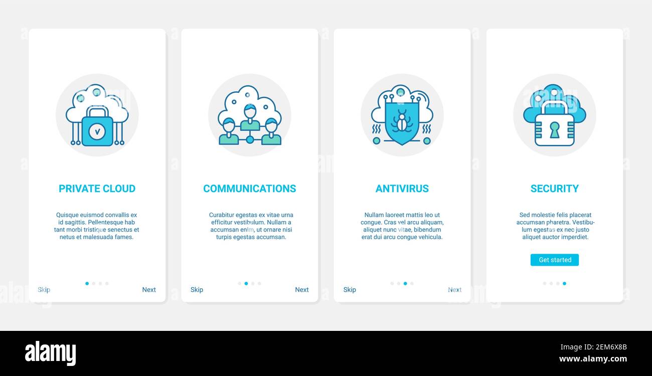 Protezione della comunicazione sulla privacy di Internet, illustrazione vettoriale della tecnologia antivirus di sicurezza. UX, UI onboarding mobile app page set con simboli di connessione line cloud, Secure cyber web shield Illustrazione Vettoriale