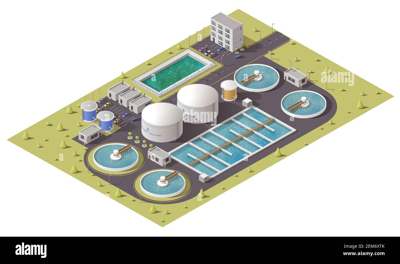 Impianto di trattamento delle acque reflue o fognarie, impianti di depurazione delle acque e impianto di pompaggio isometrico. icona vettoriale 3d del serbatoio di filtrazione, Illustrazione Vettoriale