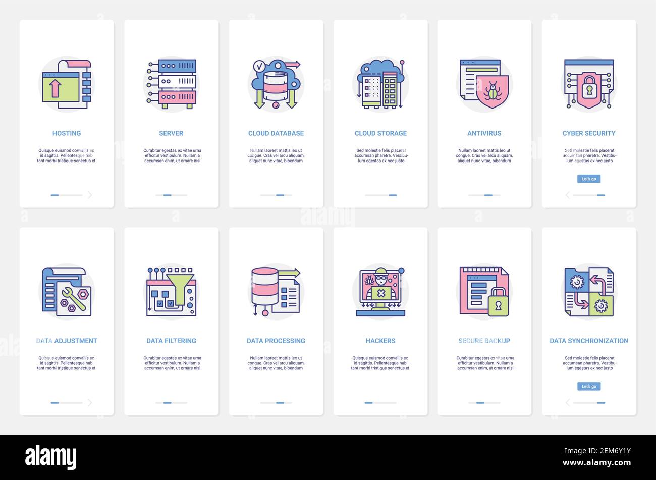 Archiviazione dei dati cloud, illustrazione vettoriale della sicurezza informatica del database. UX, UI onboarding mobile app page set con tecnologia di linea cyber protezione, backup sicuro e antivirus hacker protezione Illustrazione Vettoriale