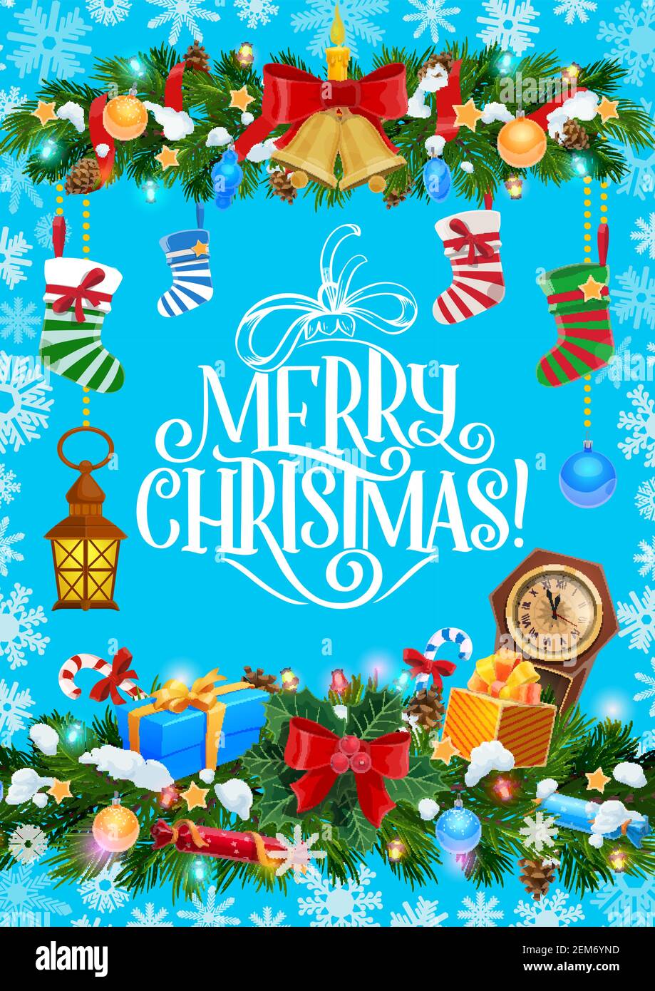 Buon saluto di Natale, decorazioni e regali con cornice modello fiocchi di neve. Vetice albero di Natale con campane dorate, orologio vigilia di Natale e Sant Illustrazione Vettoriale