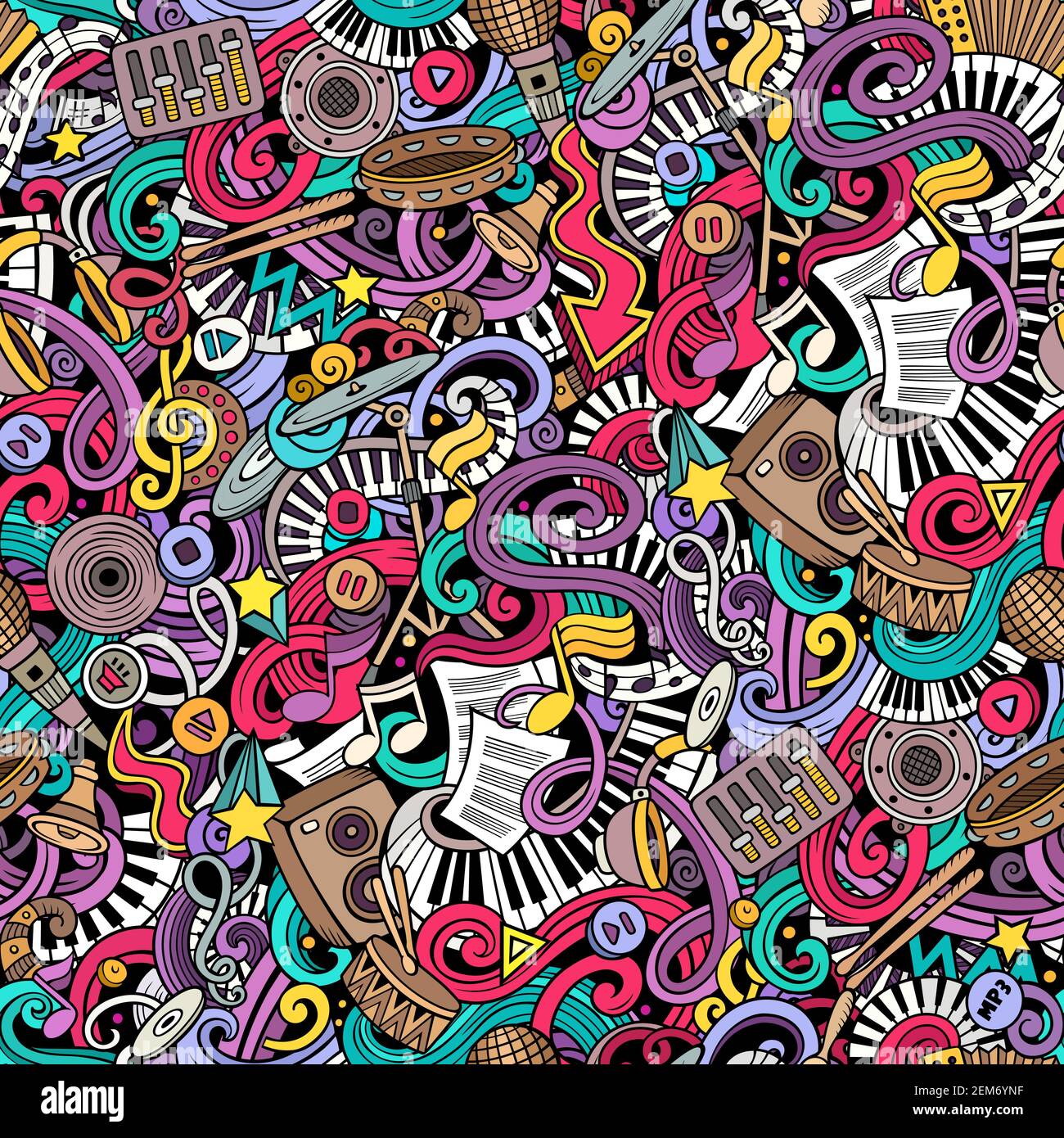 Musica Doodles disegnati a mano motivo senza cuciture. Sfondo degli strumenti musicali. Illustrazione Vettoriale