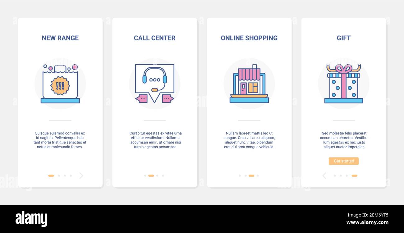 Servizio di shopping online, supporto tecnico illustrazione vettoriale della tecnologia Internet. UX, UI onboarding, set di pagine di app mobile con nuova gamma di prodotti nel negozio, vendita di buoni sconto e simboli regalo Illustrazione Vettoriale