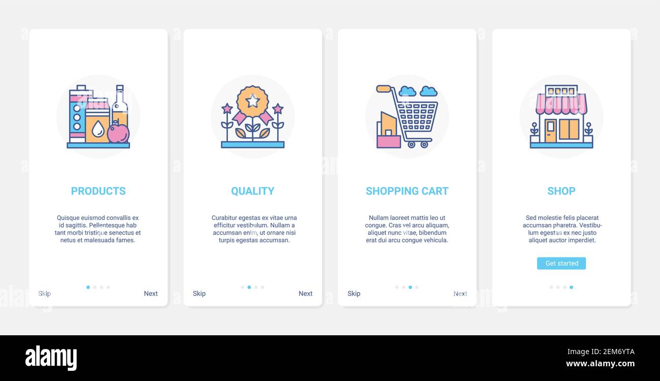 Shopping in negozio di alimentari tecnologia illustrazione vettoriale. UX, UI onboarding mobile app page set con linea di acquisto merci di qualità, supermercato carrello, basket e negozio simboli di costruzione Illustrazione Vettoriale