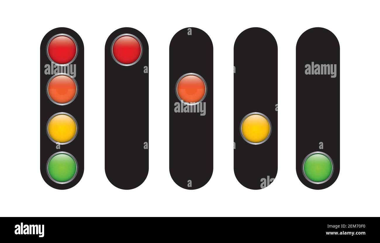 Semaforo con quattro colori verde giallo arancio rosso scala informazioni sui livelli di avviso Illustrazione Vettoriale