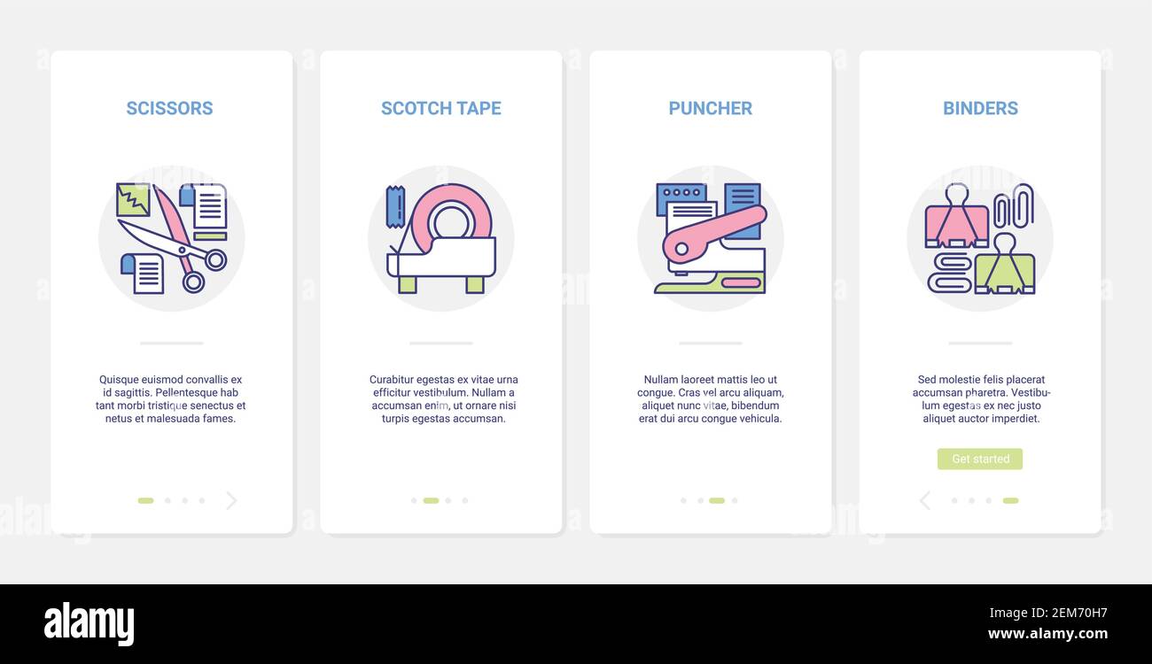 Materiale per ufficio aziendale per illustrazione vettoriale dei lavoratori. UI, UX onboarding mobile app page screen set con oggetti di cancelleria con forbici, nastro scotch, graffatrice per ufficio, leganti simboli strumenti Illustrazione Vettoriale