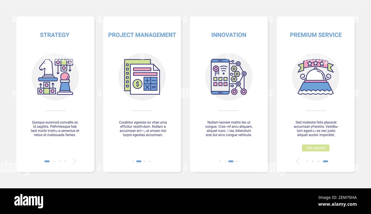 Strategia aziendale creativa, illustrazione vettoriale innovativa del servizio di gestione dei progetti. UX, UI onboarding mobile app page set con line startup innovazione di qualità superiore, ottimizzazione aziendale Illustrazione Vettoriale