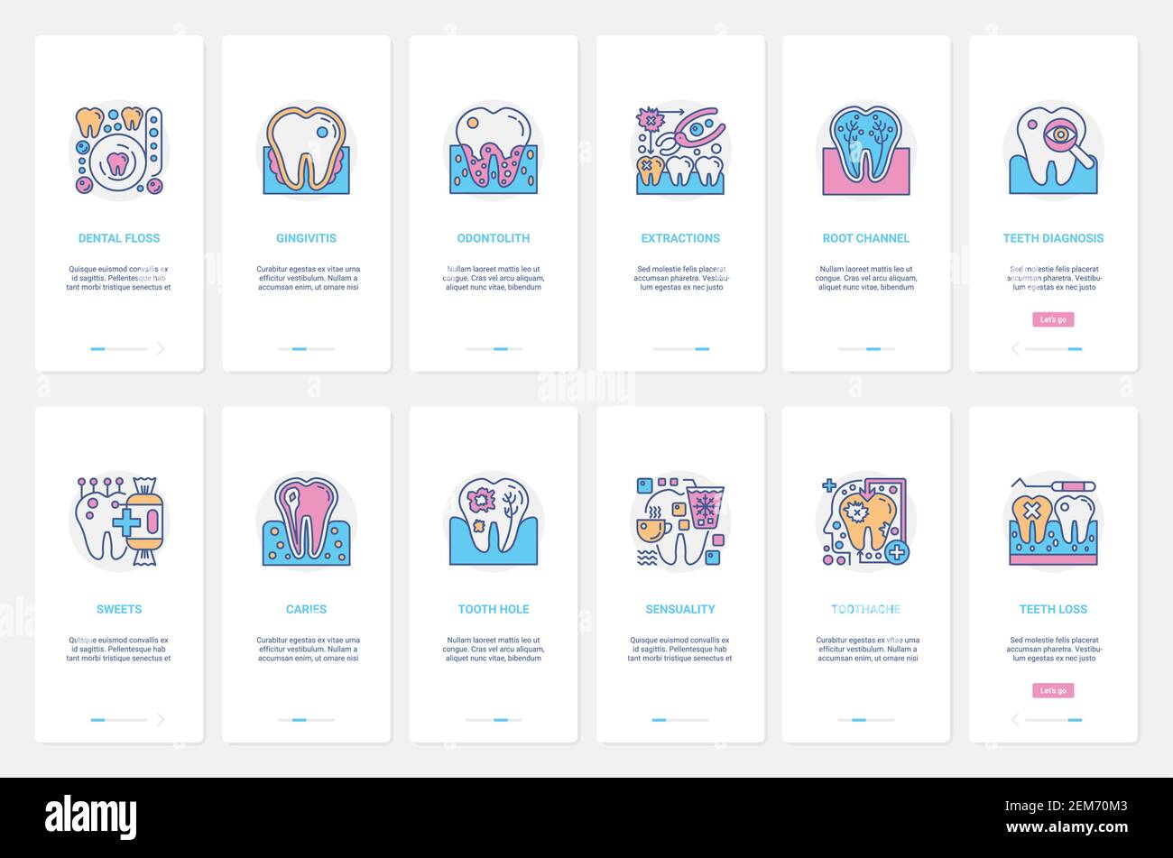 Diagnosi dentale medica e illustrazione del vettore di trattamento clinico. UX, UI onboarding mobile app page set con line carie, sensibilità dei denti e perdita dei denti, gengivite gum disease simboli Illustrazione Vettoriale