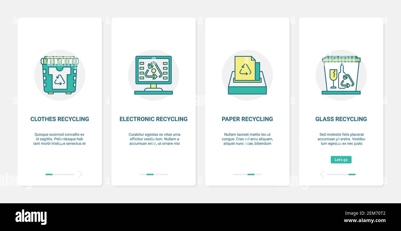 Illustrazione vettoriale della tecnologia eco-smistamento del riciclaggio. UX, UI onboarding mobile app page set con linea tipo di abbigliamento elettronica carta vetro spazzatura rifiuti in spazzatura da riciclare e riutilizzare Illustrazione Vettoriale
