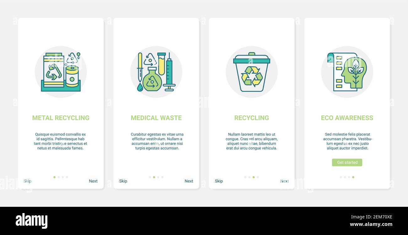 Impianto di smistamento riciclaggio, illustrazione vettoriale eco-compatibile. UX, UI onboarding mobile app page set con linea cestino, sorta di rifiuti di metallo rifiuti, pillole mediche inquinamento da riciclare Illustrazione Vettoriale