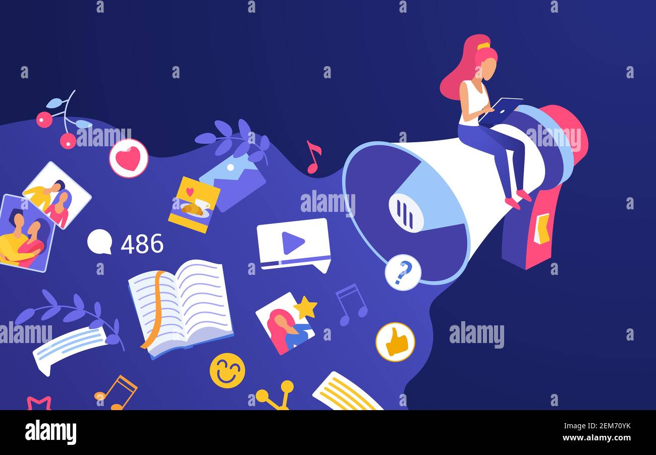 Campagna di promozione marketing digitale illustrazione vettoriale della tecnologia web. Cartoon minuscolo influencer blogger personaggio donna seduta su promo megafono, condividere contenuti per il pubblico in background blog Illustrazione Vettoriale