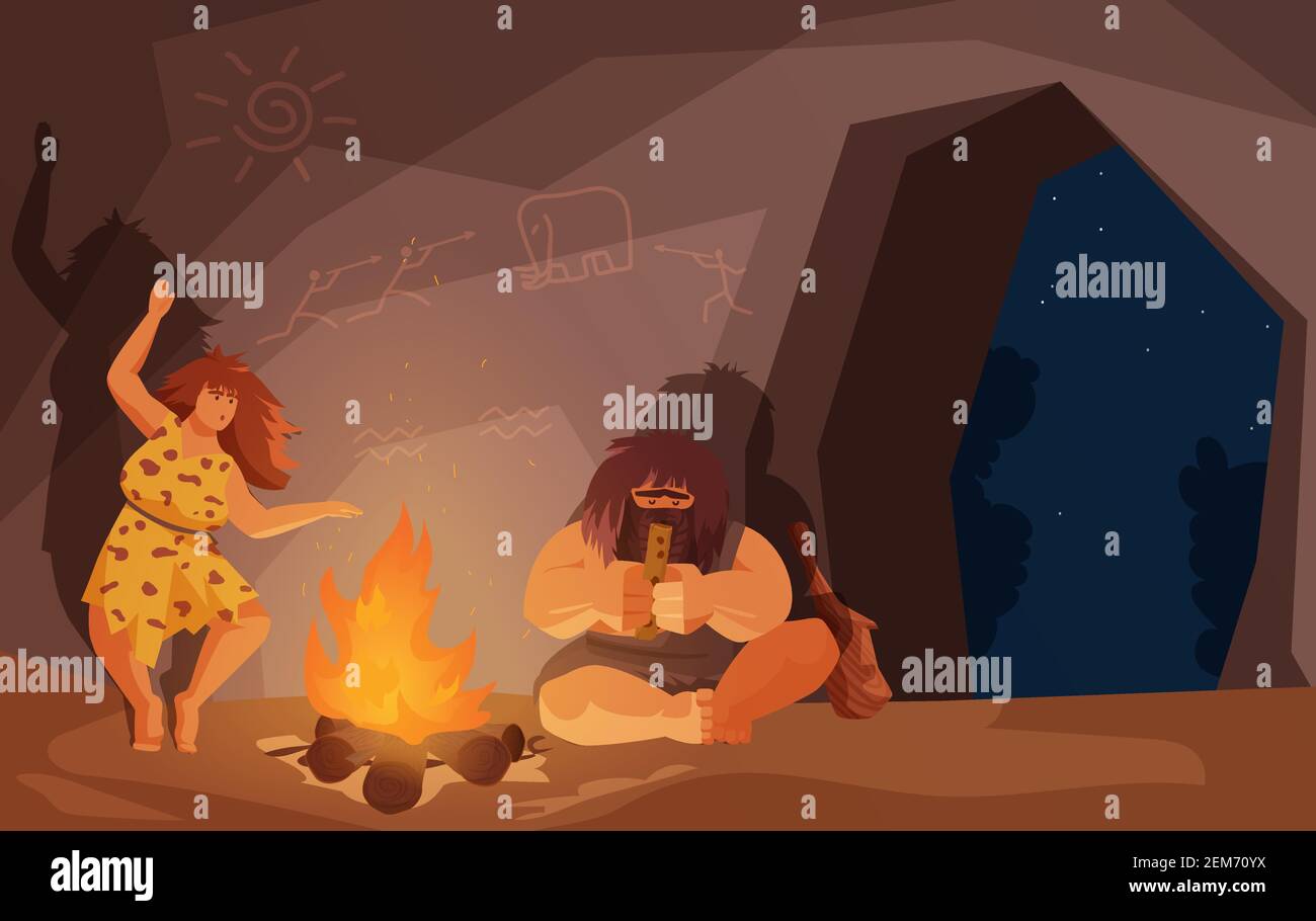 Età della pietra la gente primitiva della famiglia siede dall'illustrazione del vettore del fuoco. Personaggio del caveman primordiale dei cartoni animati che suona un antico strumento musicale, la donna neanderthal che balla vicino al falò sullo sfondo della grotta Illustrazione Vettoriale