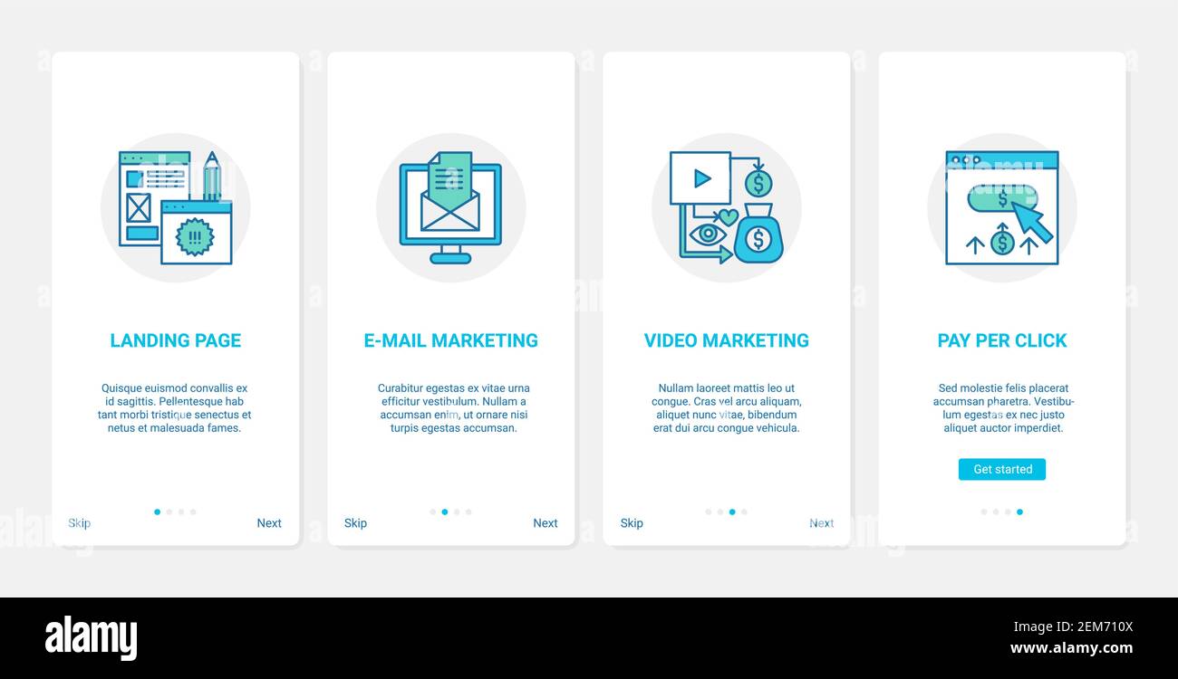 Sito web ecommerce tecnologia internet illustrazione vettoriale. UX, interfaccia utente onboarding mobile app page set con linea e-mail e video marketing digitale, pay per click lavoro in web, landing page simboli Illustrazione Vettoriale