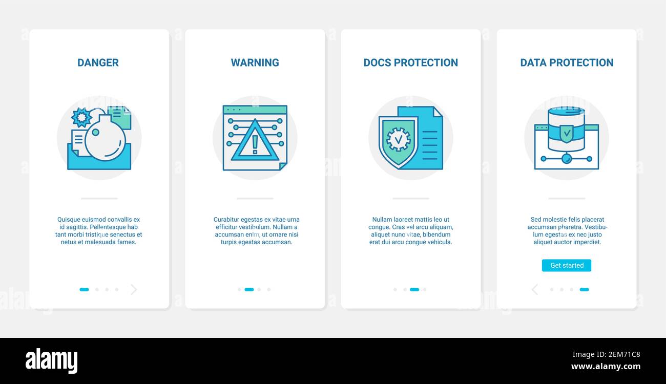 Illustrazione vettoriale della tecnologia cyber Protect per la sicurezza dei dati. UX, UI onboarding mobile app page set con linea pericolo avviso finestra, database protezione documenti, simboli di sicurezza informatica Illustrazione Vettoriale